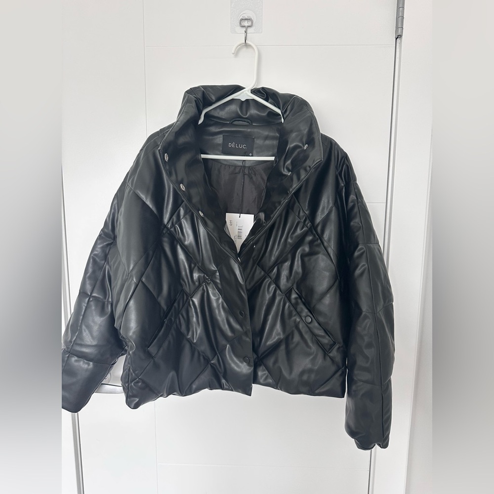 NWT DELUC Gwinnet Puffer Jacket Black Size S Oversized Faux Leather Quilted Coat - Picture 4 of 17